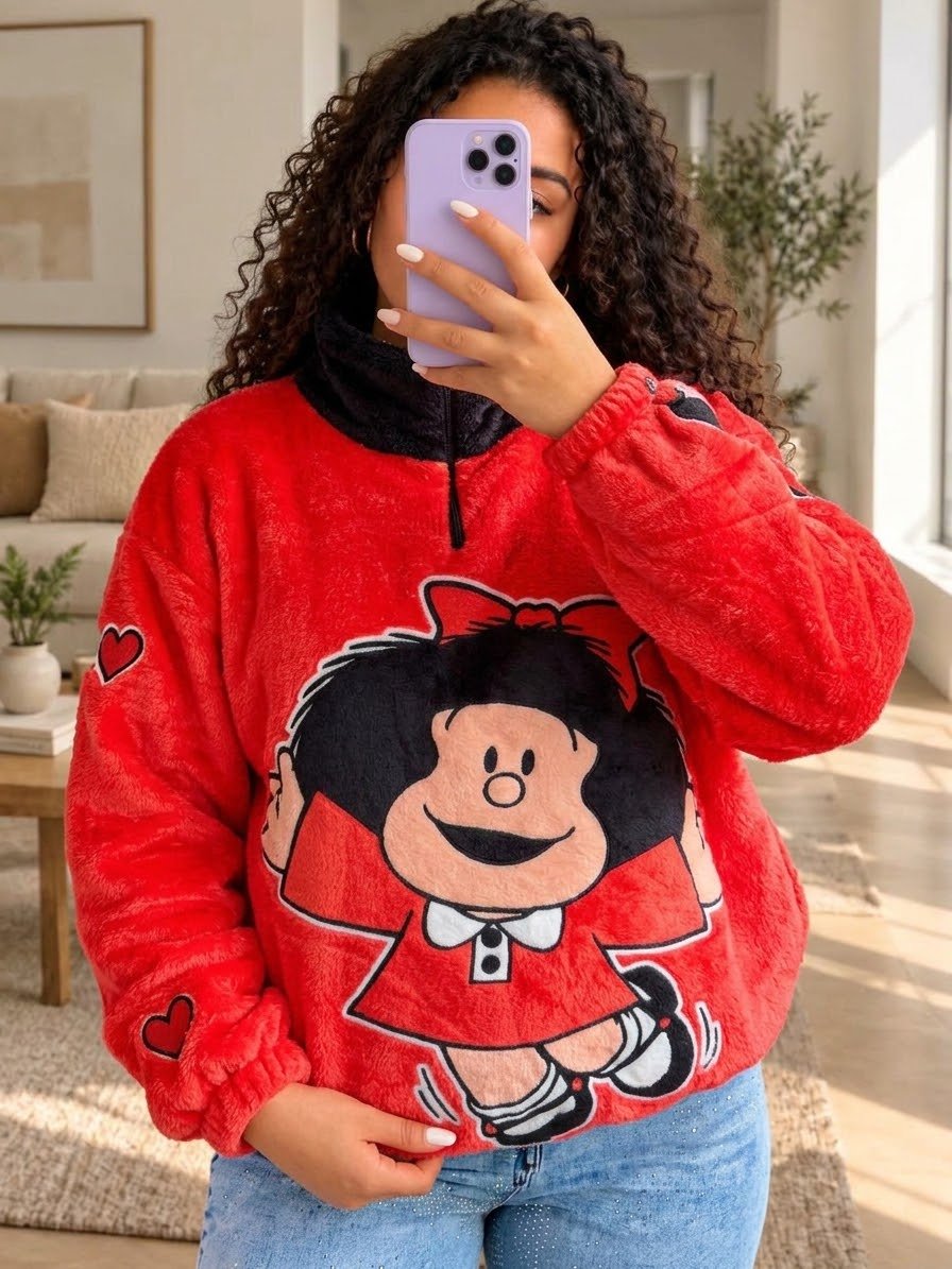 Mujer con saco térmico afelpado rojo de cuello negro con Mafalda de cuerpo entero