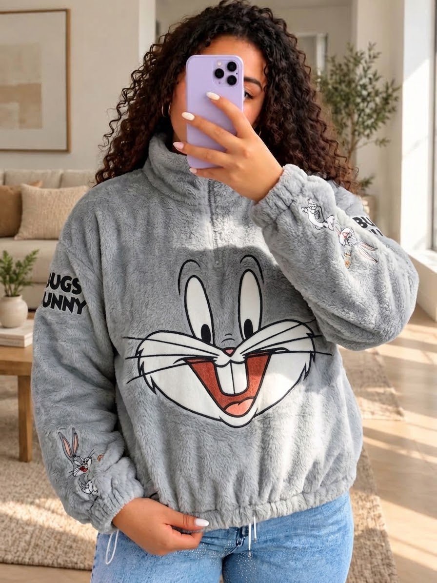 Mujer con saco térmico afelpado gris con la cara sonriente de Bugs Bunny en el frente