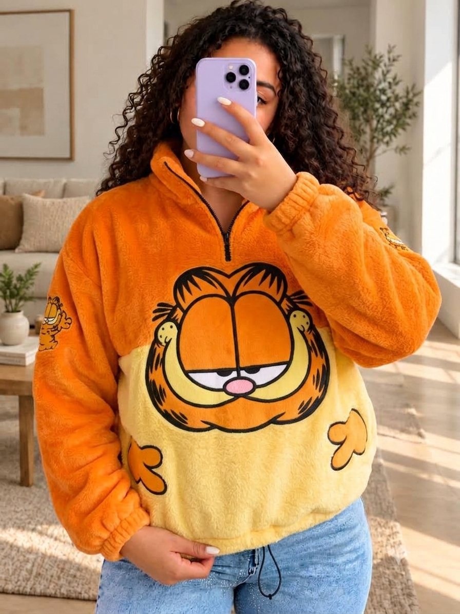 Mujer con saco térmico afelpado naranja y amarillo con la cara de Garfield en el frente