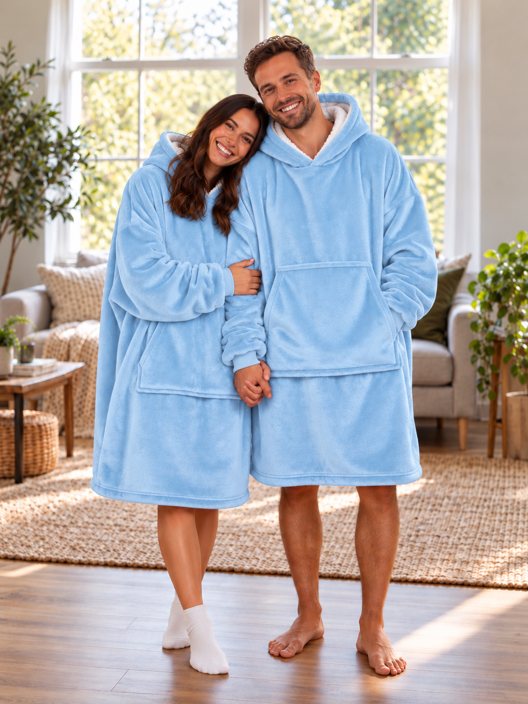 Pareja con MaxiSaco azul claro, buzo cobija con capucha y bolsillo canguro