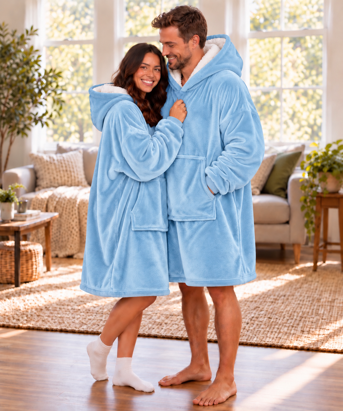 Pareja abrazada con MaxiSacos azul claro con capucha