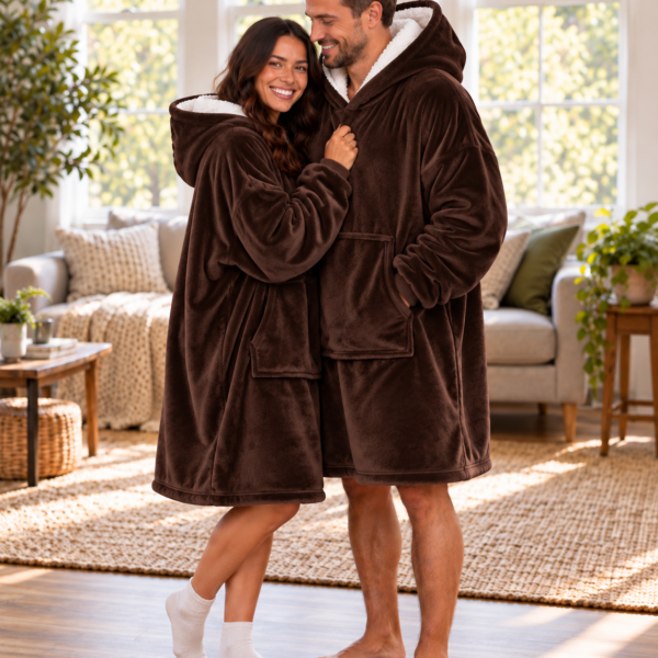 Pareja abrazada con MaxiSacos chocolate con capucha