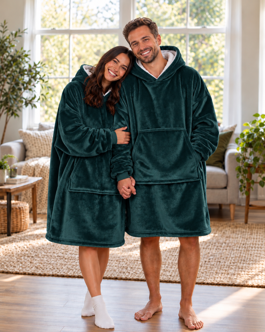 Pareja con MaxiSaco verde esmeralda, buzo cobija con capucha y bolsillo canguro