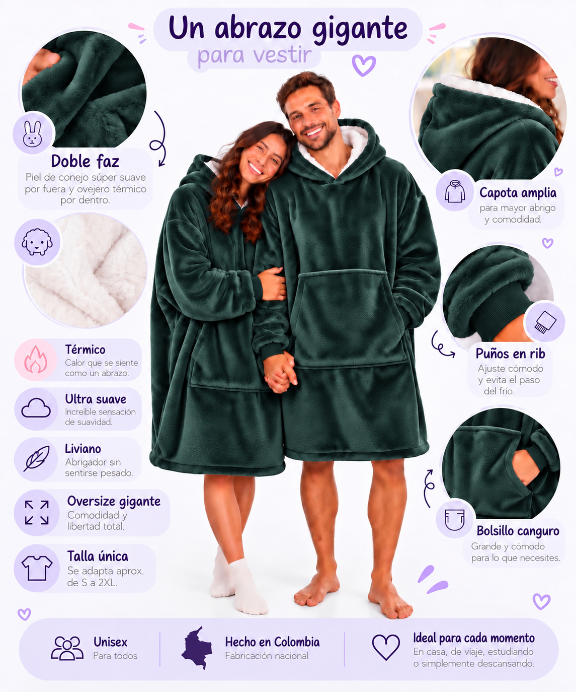 Infografía del MaxiSaco verde esmeralda: doble faz, térmico, ultra suave, liviano, oversize, talla única, capota amplia, puños en rib y bolsillo canguro