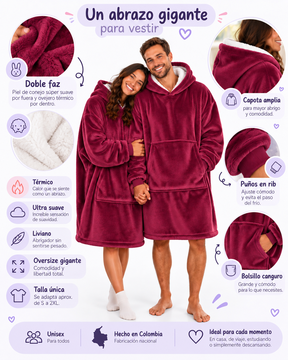 Infografía del MaxiSaco vinotinto: doble faz, térmico, ultra suave, liviano, oversize, talla única, capota amplia, puños en rib y bolsillo canguro